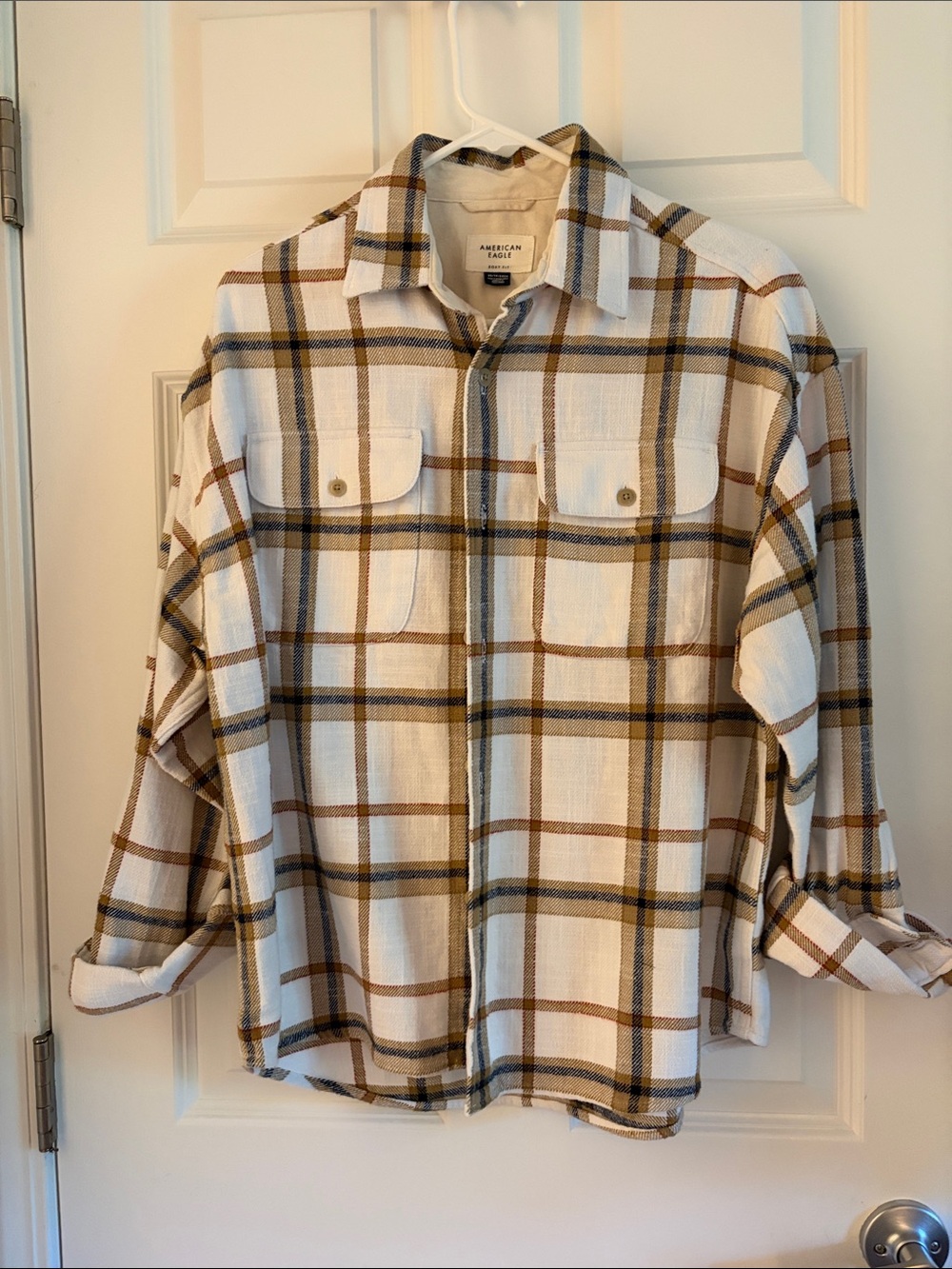 American Eagle Outfitters Cream Plaid Button-Down with Brown & Olive Stripes